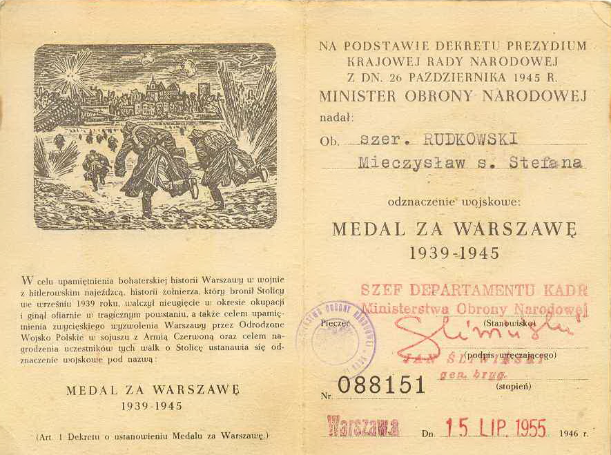 Удостоверение к медали за Варшаву на имя сержанта Рудковского Мечислава