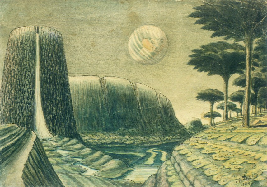 Природа луны. Обезвоженный цирк. Радниковый кратер с каскадами и хвойными пальмами. Из альбома "Космовидение". 1947 г.